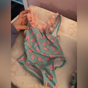 Blue and pink bathing suit with ruffles